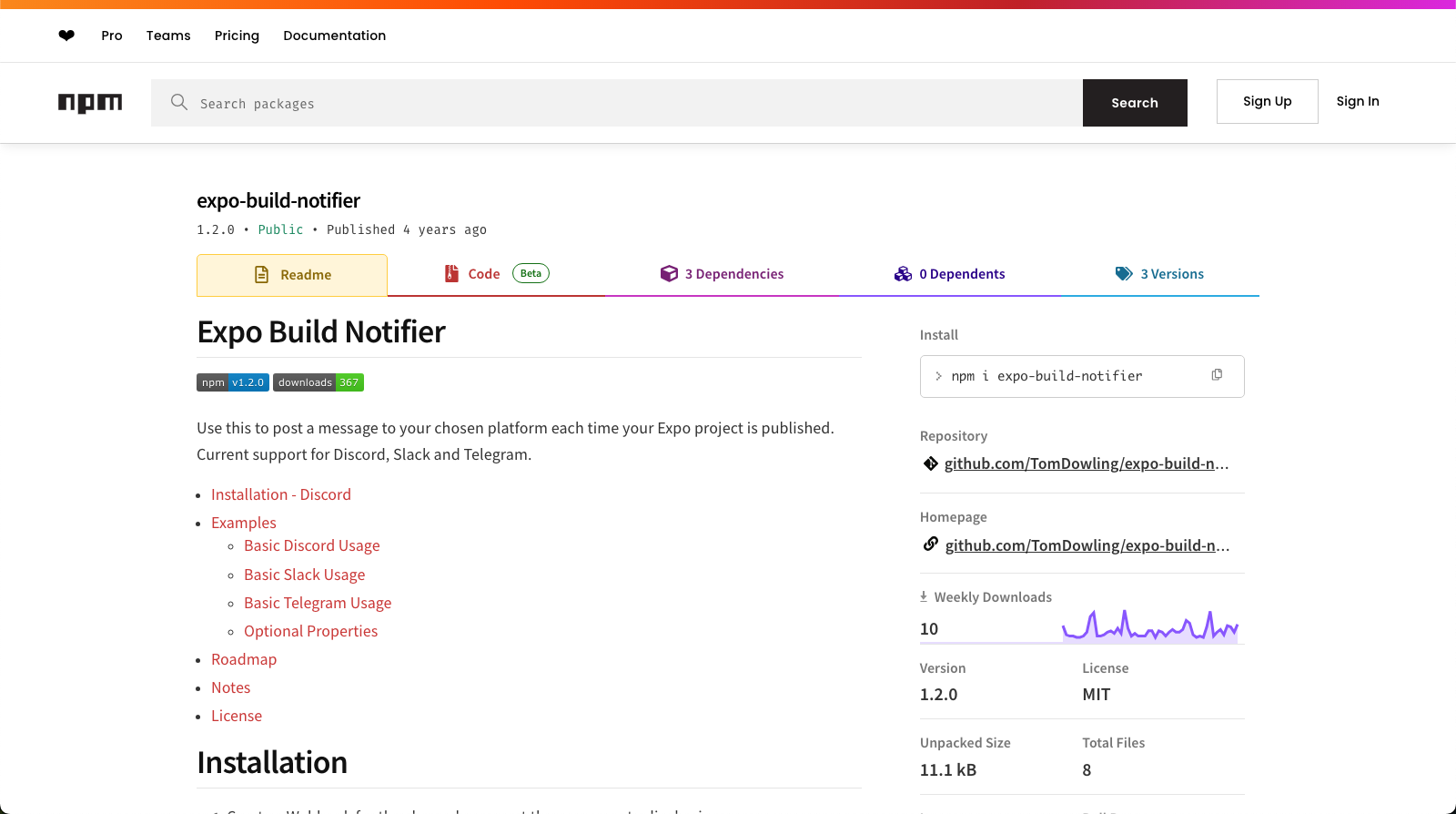 Expo Build Notifier NPM Page Screenshot